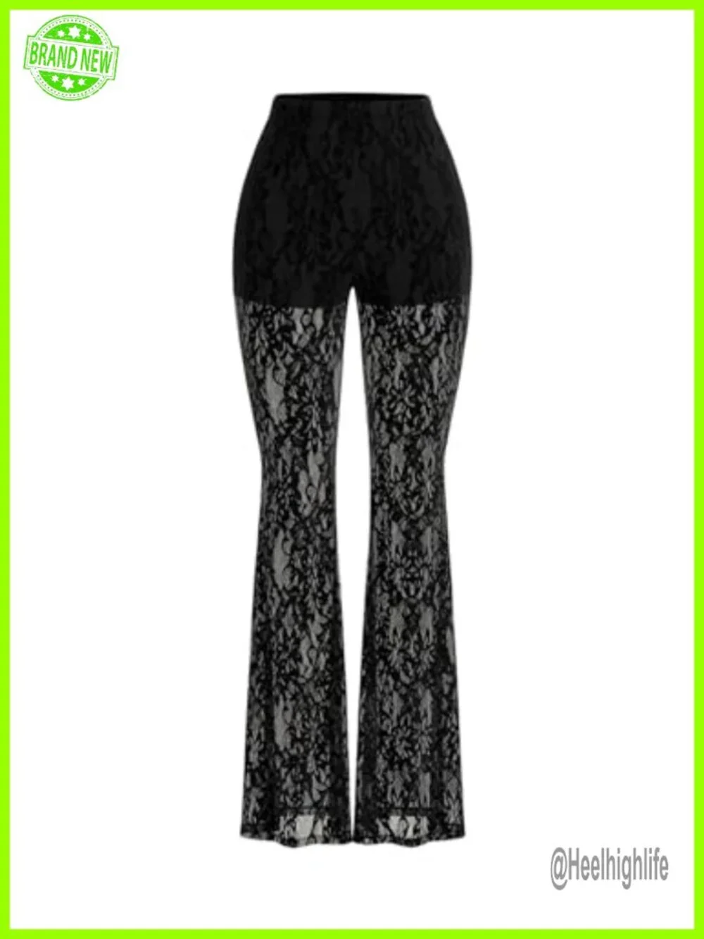 Women's Lace Flare Pants High Waisted Sheer Bell Bottom Trousers Rave Outfits